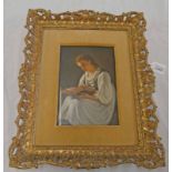 GILT FRAMED GERMAN PORCELAIN PLAQUE OF YOUNG GIRL READING Condition Report: Plaque