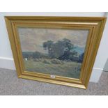 HAMILTON GLASS FARMERS BUILDING HAY HEAPS SIGNED GILT FRAMED OIL PAINTING 27 X 47 CMS