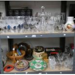 GOOD SELECTION OF CRYSTAL GLASSES, DECORATIVE MANTLE CLOCK, VARIOUS SILVER PLATED WARE, ETC,