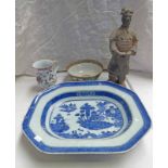 CHINESE POTTERY FIGURE, CHINESE BOWL, 19TH CENTURY BLUE & WHITE CHINESE ASHET, ETC,