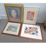 4 FRAMED PICTURES TO INCLUDE GILT FRAMED OIL PAINTING OF A GIRL,