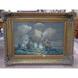 MODERN GILT FRAMED PICTURE OF A 16TH CENTURY NAVAL BATTLE SCENE 60 X 90 CM