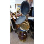 19TH CENTURY BRASS WARMING PAN WITH ENGRAVED DECORATION & LARGE COPPER & BRASS JUG,