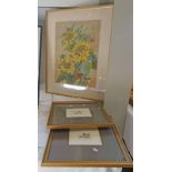 FRAMED WATERCOLOUR SUNDANCE SIGNED PAT CAIRNEY - 52 X 38 CM & PAIR OF FRAMED COLOUR ETCHINGS OF