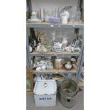 4 SHELVES WITH CUT GLASS DECANTERS, JUGS, PORCELAIN, CROWN DERBY POSY DISHES, ENAMEL WARE,