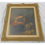 GILT FRAMED PORCELAIN PLAQUE DEPICTING THE LITTLE FRUIT SELLER AFTER MURILLO 38 X 38 CM