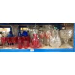 LARGE SELECTION OF COLOURED GLASSWARE ETC ON ONE SHELF