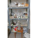 4 SHELVES OF PORCELAIN TEA SETS, AYNSLEY WARE, CARLTON WARE, CUT GLASS DECANTERS, BOWLS.