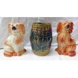 19TH CENTURY SEATON POTTERY MEAL JAR AND PAIR 19TH CENTURY BROWN AND WHITE POTTERY DOGS