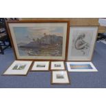 FRAMED HIGHLAND LANDSCAPED PICTURE, FRAMED 19TH CENTURY ENGRAVINGS,