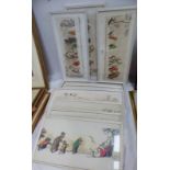 9 FRAMED COLOURED ETCHINGS OF COMICAL DOG & CAT SCENES 17 X 43 CMS