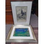 GILT FRAMED MIXED MEDIA PICTURE 'CRACKED PLANET' BY RAE FISHER SIGNED AND FRAMED ETCHING NEWTON ON