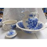 BLUE & WHITE EWER & BASIN SET WITH SOAP DISH & CHAMBER POT