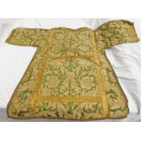 18TH CENTURY GREEN CHASUBLE WITH SEWN FLORAL DECORATION AND GOLD BROCADE LINING AND DECORATION 98