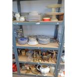 LARGE SELECTION OF VARIOUS DINNERWARE GLASSWARE, BRASS CANDLESTICKS,