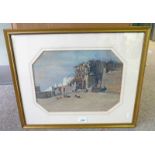 T. HOLROYD A NORTH AFRICAN VILLAGE SCENE SIGNED GILT FRAMED WATER COLOUR 27 X 36.