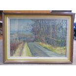 FRAMED OIL PAINTING OF A COUNTRY ROAD SIGNED KEN ROBERTS 52 X 77 CMS