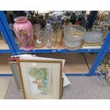 GOOD SELECTION GLASSWARE INCLUDING PINK EARLY 20TH CENTURY VASE WITH BIRD DECORATION AND SELECTION