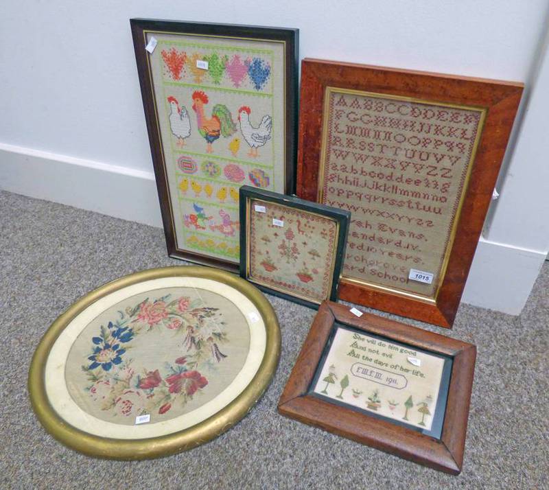 5 FRAMED SAMPLERS TO INCLUDE ONE BY SARAH EVANS AGED 10 YEARS, BIRCHGROVE BOARD SCHOOL,