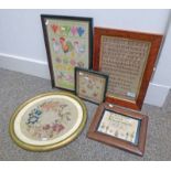 5 FRAMED SAMPLERS TO INCLUDE ONE BY SARAH EVANS AGED 10 YEARS, BIRCHGROVE BOARD SCHOOL,