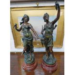 PAIR OF METAL FIGURES 'CHASSERESSE' AND 'LES HIRONDELLES', CLASSICAL FIGURAL SCENES,