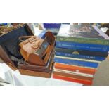 LEATHER SUITCASE, LEATHER HANDBAG, WOODEN SHELF,