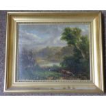 GILT FRAMED OIL PAINTING, CATTLE BY A RIVER, SIGNED H. E.