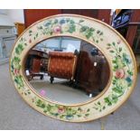 20TH CENTURY OVAL MIRROR WITH FLORAL DECORATED BORDER,