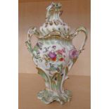 EARLY 19TH CENTURY COALPORT PORCELAIN FLORAL ENCRUSTED GREEN & WHITE 2 HANDLED LIDDED VASE WITH