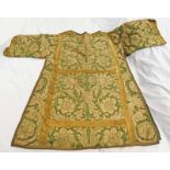 18TH CENTURY GREEN CHASUBLE WITH SEWN FLORAL DECORATION AND GOLD BROCADE LINING AND DECORATION 98