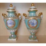 PAIR OF CONTINENTAL PORCELAIN PALE GREEN LIDDED VASES WITH TWIN GOATS MASK HANDLES ON SQUARE BASES