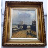 J DOCHERTY, FISHING BOAT IN HARBOUR, SIGNED, GILT FRAMED OIL PAINTING,