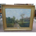 19TH CENTURY SCOTTISH SCHOOL WALKING HOME UNSIGNED GILT FRAMED OIL PAINTING 63 X 80 CM