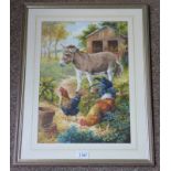 GILT FRAMED WATERCOLOUR OF DONKEY AND COCKEREL'S,