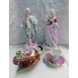 PAIR CONTINENTAL PORCELAIN FIGURES & CONTINENTAL PORCELAIN VASE & CONTINENTAL PORCELAIN CUP &