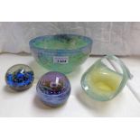 VASART GLASS BASKET & PERTHSHIRE GLASS BASKET & 2 CAITHNESS GLASS PAPER WEIGHTS