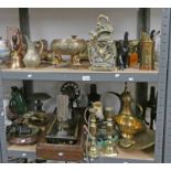 BENARES BRASS BOWL ON ELEPHANT STAND, BRASS FOX HUNTING DOORSTOP, 19TH CENTURY BRASS CANDLESTICKS,