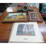 MANTLE CLOCK AND PICTURES TO INCLUDE B, CRAWFORD, PRAYING WOMEN AND FARM STEADING,