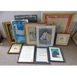 SELECTION OF VARIOUS PICTURES TO INCLUDE GILT FRAMED PENCIL DRAWING OF A GENTLEMAN RIDING A HORSE,