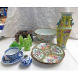 CHINESE PORCELAIN BOWL, 3 CANTON PLATES, YELLOW GROUND CHINESE VASE, ORIENTAL JEWELLERY BOX,