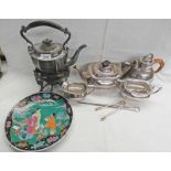 3 PIECE SILVER PLATED TEA SERVICE, SILVER PLATED SPIRIT KETTLE,