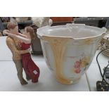 LARGE PORCELAIN FLOWER POT AND 2 FIGURES ,