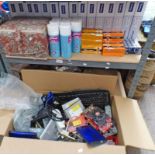 GOOD SELECTION OF BOXES, PAPER, BATTERIES, SEWING BOX, LARGE SELECTION OF COMPUTER PARTS,