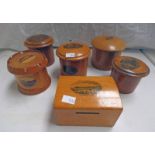 6 MAUCHLINE WARE MONEY BANKS, LIDDED BOXES,