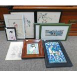 FRAMED EASTERN TILE TOGETHER WITH VARIOUS ORIENTAL PRINTS, WATERCOLOURS, ETC.