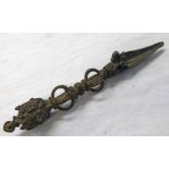 TIBETAN RITUAL DAGGER (PHURBA) OF ALL METAL CONSTRUCTION, HEAVILY DECORATED AND WORKED,