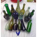 SELECTION OF GLASS BOTTLES SOME WITH DEEP PUNTS, BLUE GLASS 'NOT TO BE TAKEN BOTTLE',