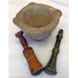 19TH CENTURY HARDSTONE MORTAR WITH A SOLID BRASS PESTLE & A WOODEN PESTLE, 11.