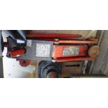 TWO METAL JERRY FUEL CANS AND A CAR JACK -3-