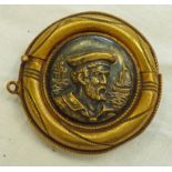 BRASS AND COPPER VESTA CASE WITH HINGED LID EMBOSSED WITH A MARINER TO EACH SIDE